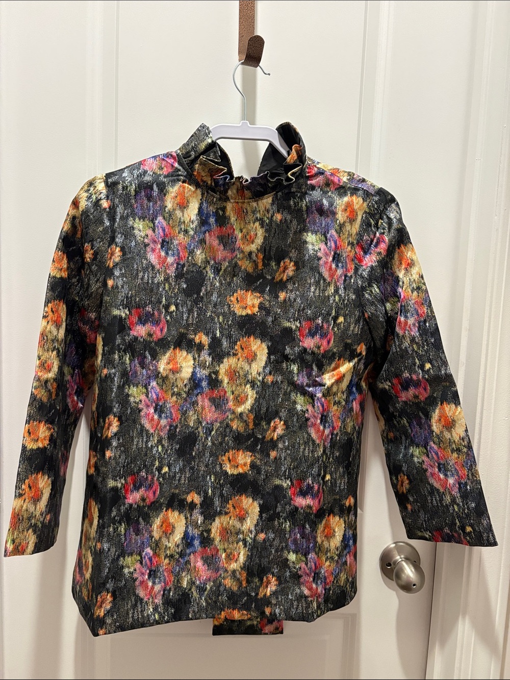 Tuckernuck Black Floral Ruffle Mock-Neck Top